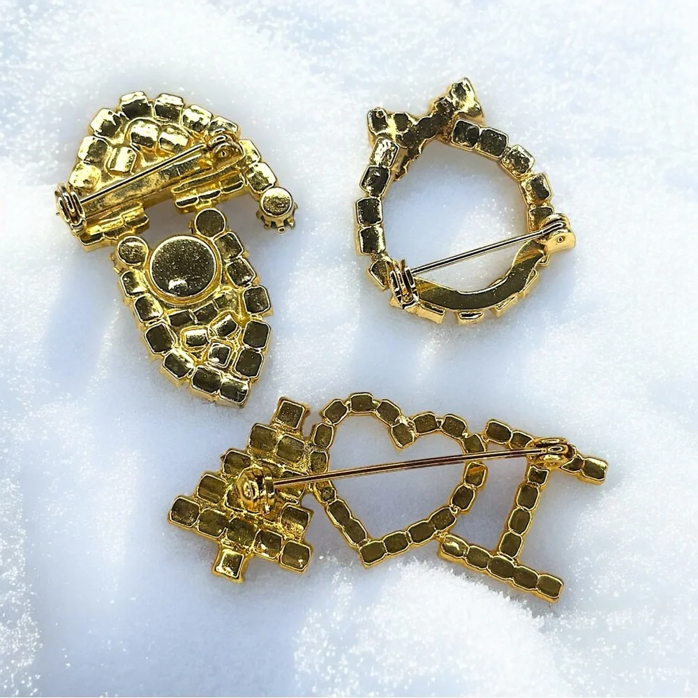 3 Gorgeous 90’s Vintage Christmas Rhinestone Pin Brooches